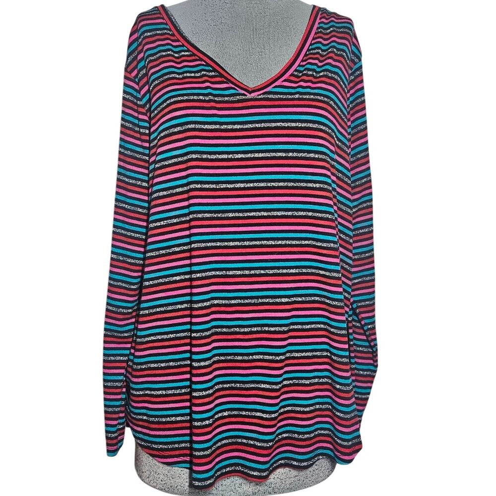 Lane Bryant Cotton Blend Striped Long Sleeve V Neck Top Size 18 20